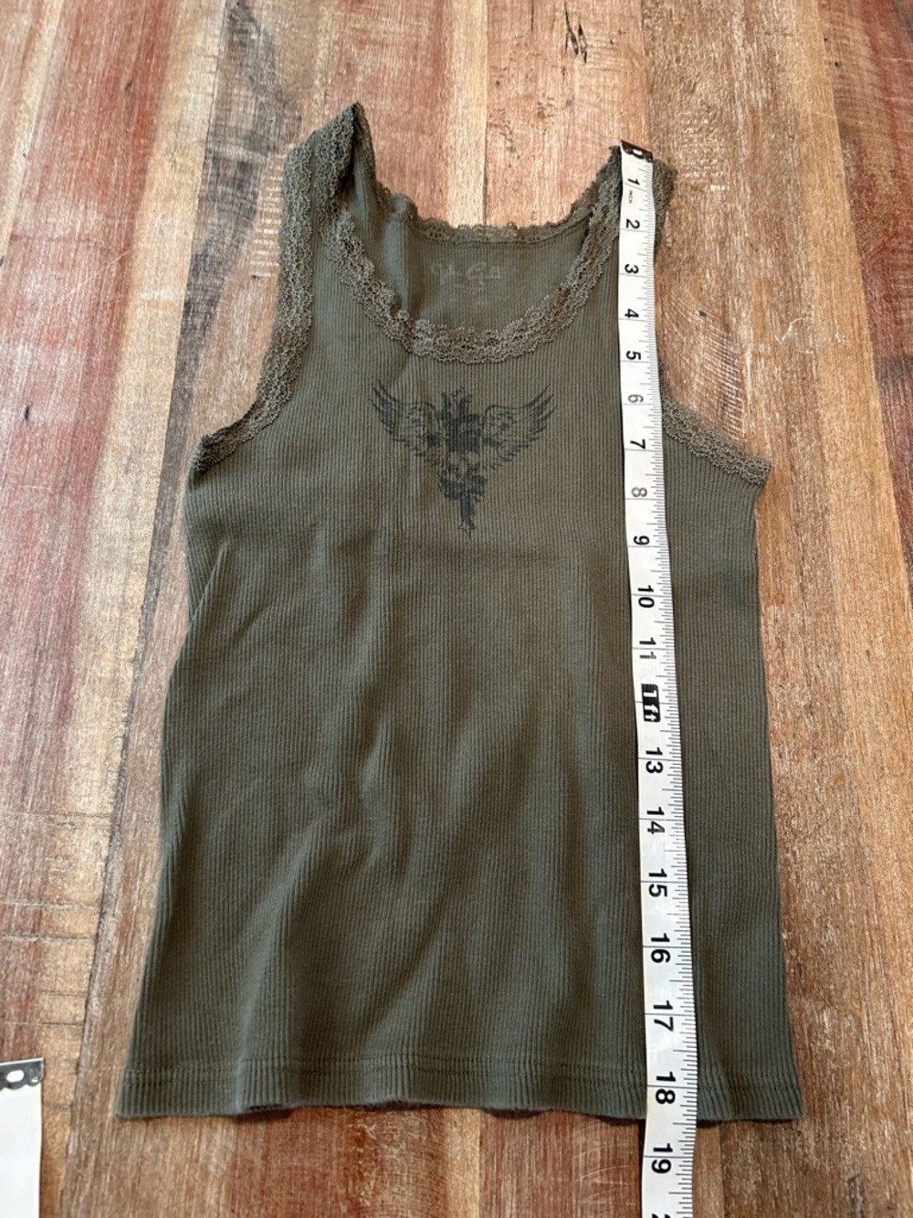 Brandy Melville Olive Lace-Trim Ribbed Tank with Black Wing Graphic - Picture 3 of 5